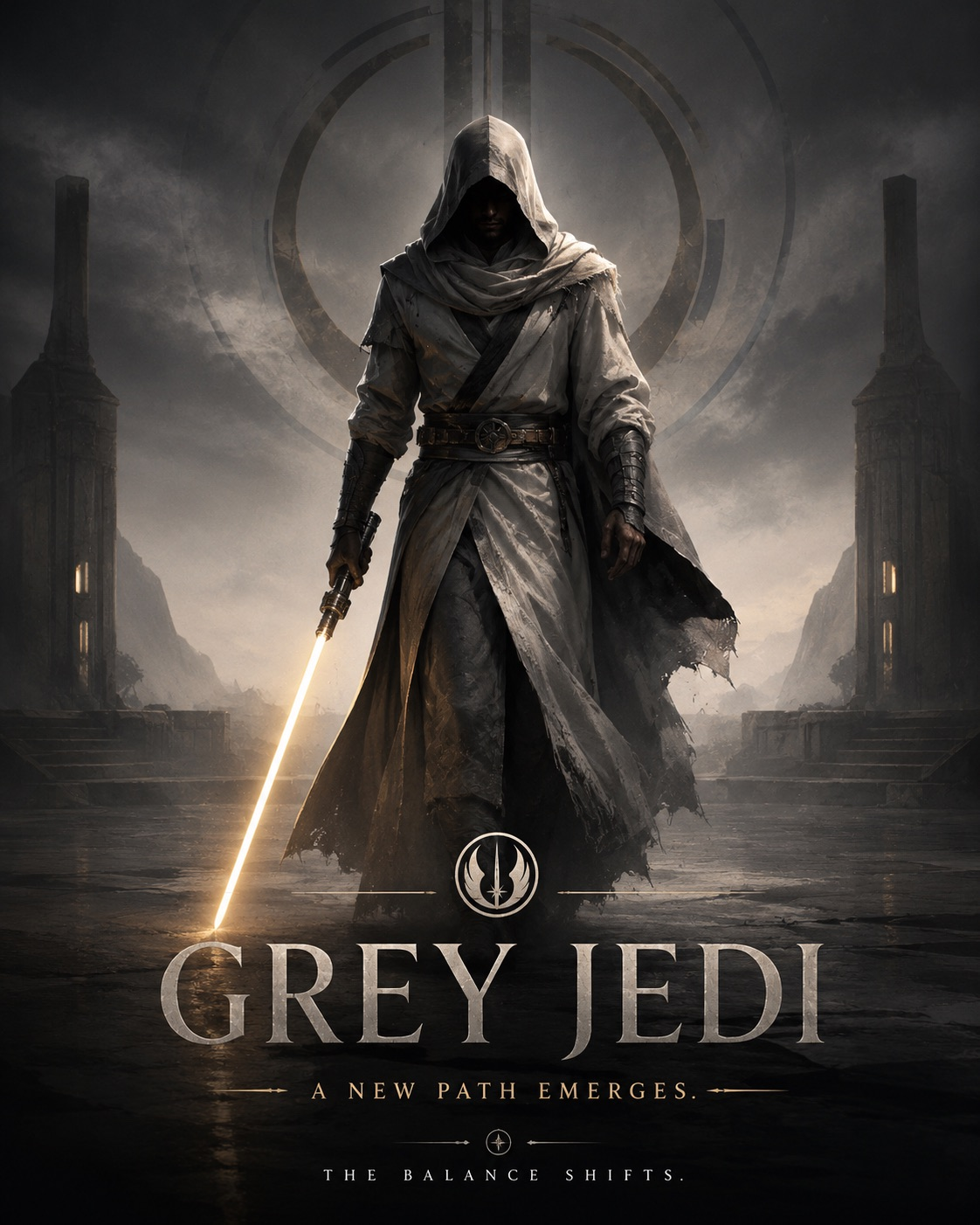 A hooded Grey Jedi holding a yellow lightsaber